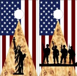 American Flag Statue Of Liberty And Soldiers Cornhole Wraps - Set Of 2