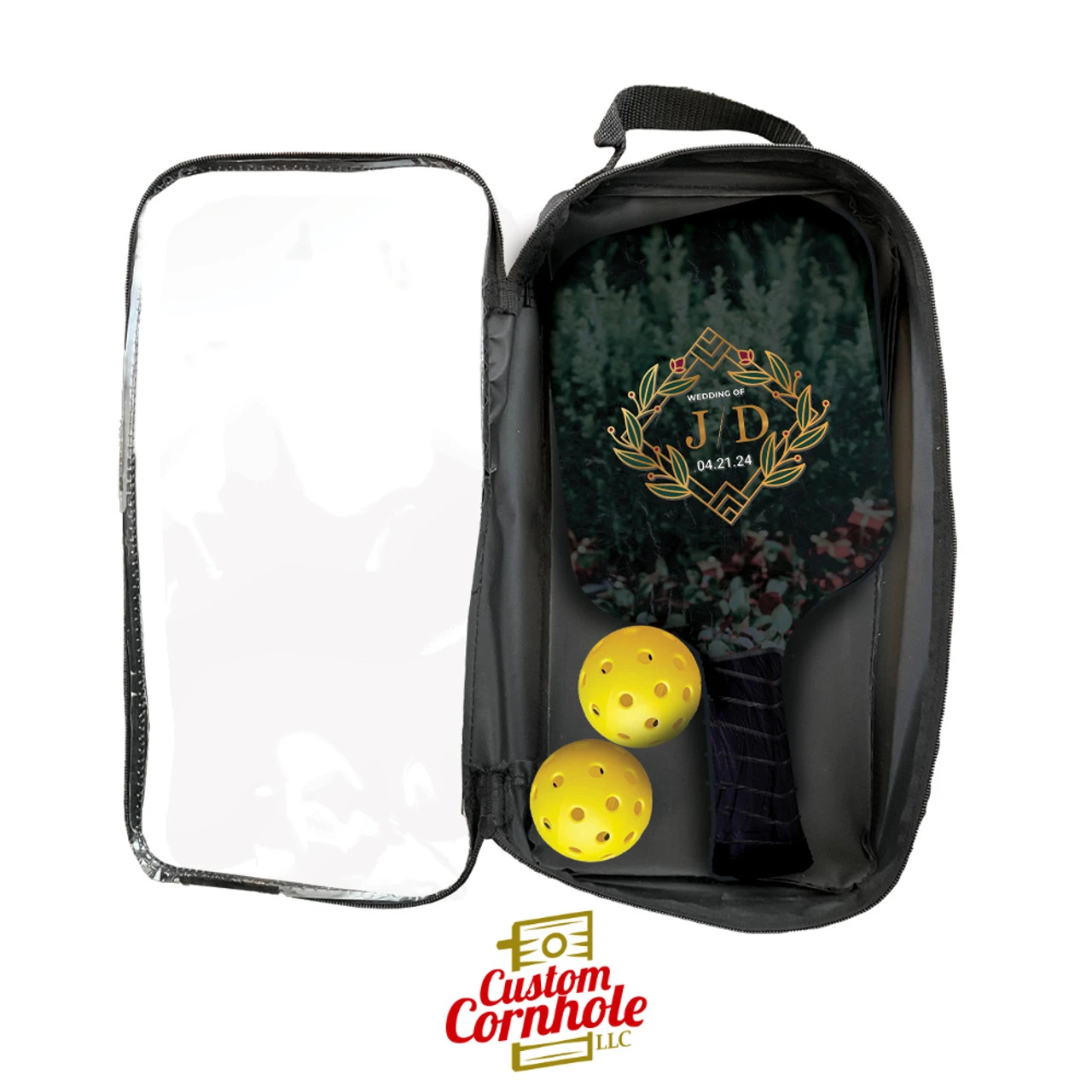 Custom Gold Flower Wedding Monogram And Date Pickleball Paddle Set 2 Custom Gold Flower Wedding Monogram And Date Pickleball Paddle Set - Image 2