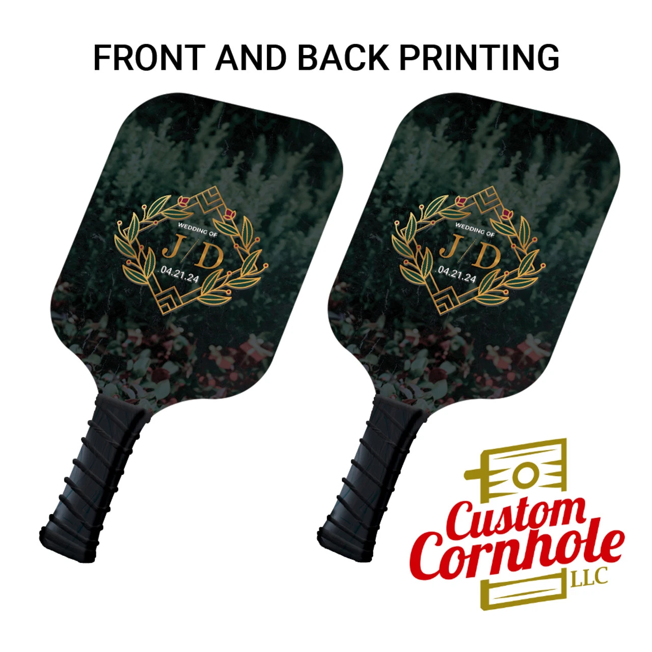 Custom Gold Flower Wedding Monogram And Date Pickleball Paddle Set 1 Custom Gold Flower Wedding Monogram And Date Pickleball Paddle Set