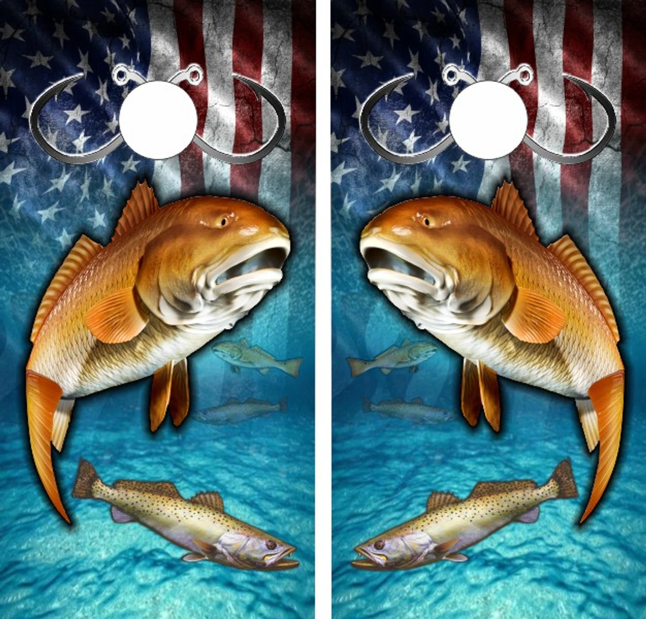 Redfish Speckled Trout Rock Flag Cornhole Wraps - Set Of 2 1 Redfish Speckled Trout Rock Flag Cornhole Wraps - Set Of 2