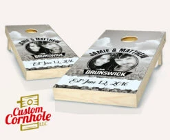 "Southern Statement" Personalized Black & White Photo Wedding Cornhole Set With Bags