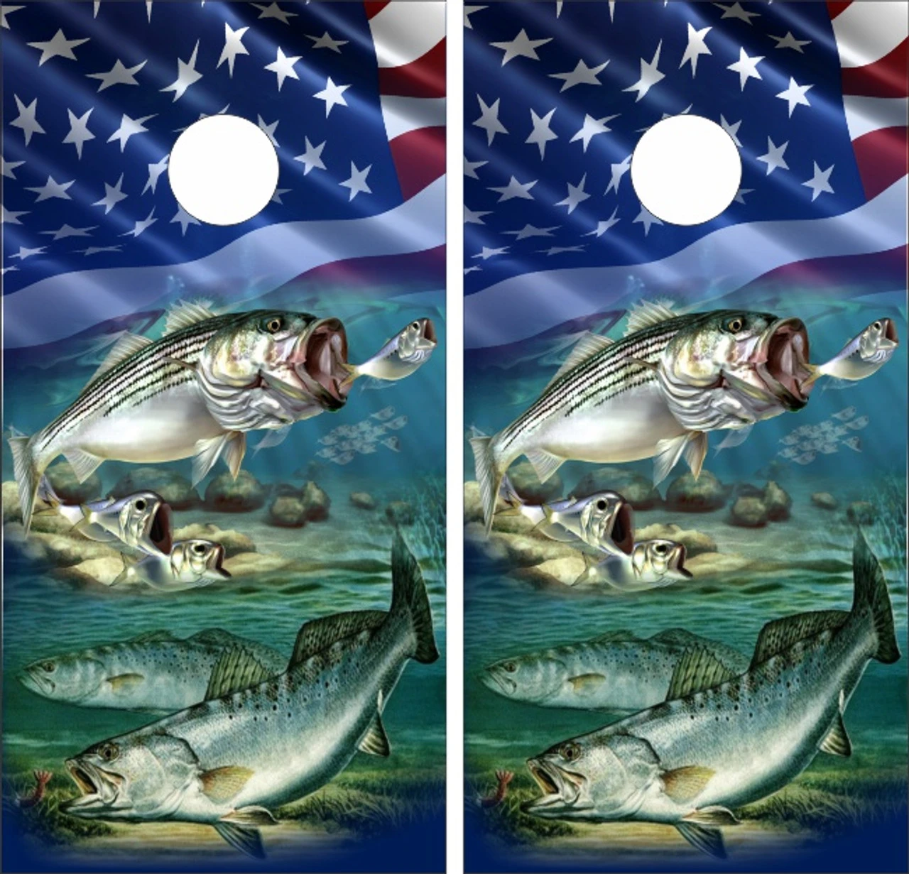 Striped Bass Rock Fish And Trout With Flag Cornhole Wraps - Set Of 2 1 Striped Bass Rock Fish And Trout With Flag Cornhole Wraps - Set Of 2