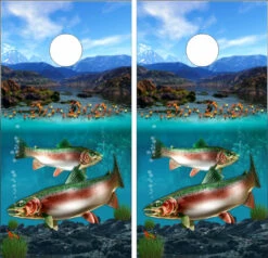 Trout Fish Underwater Mountain Scene Cornhole Wraps - Set Of 2
